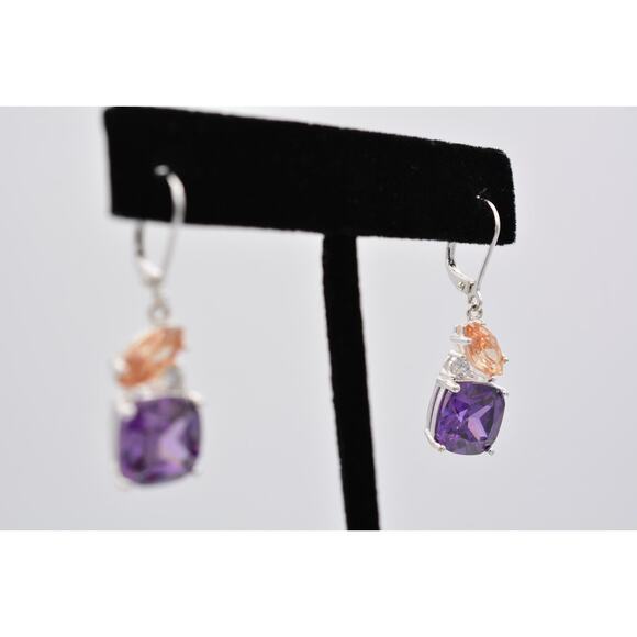 NVC Crystal Dangle Earrings Purple Orange Rhinestone Silver Tone Signed BinAK - Picture 5 of 12
